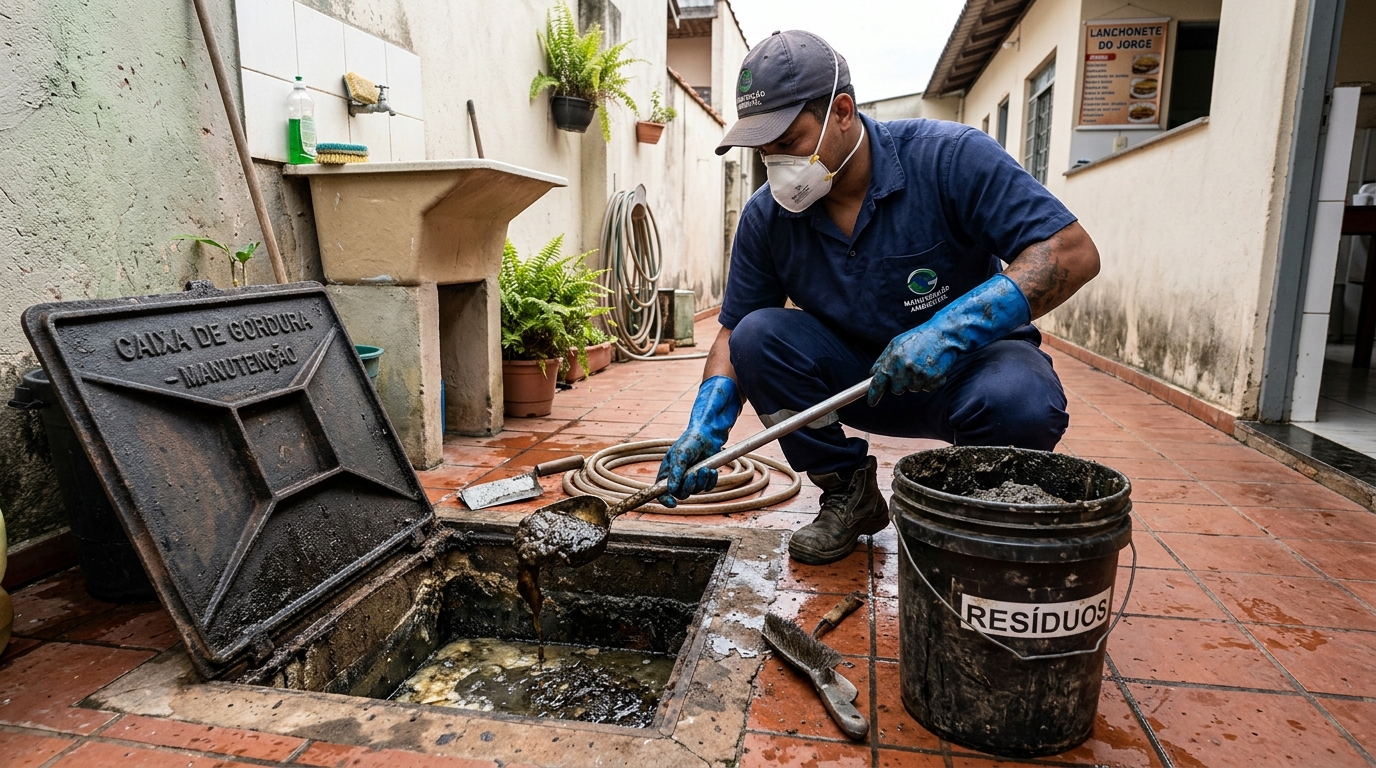 Remoção de resíduos da caixa de gordura em Hortolândia‑SP