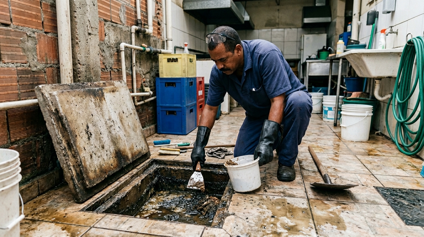 Limpeza de caixa de gordura residencial em Hortolândia‑SP